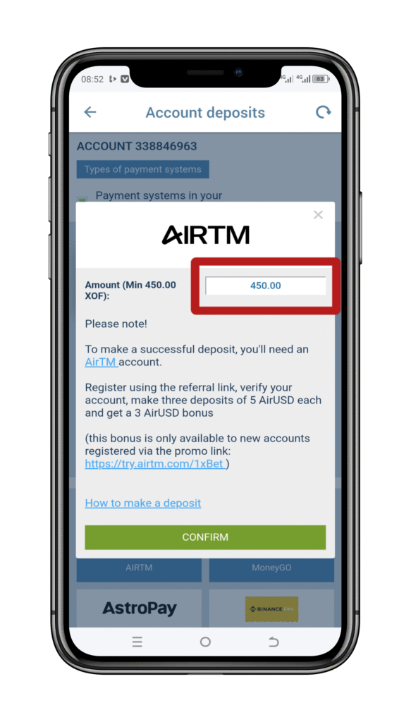 Enter the Deposit Amount and Confirm